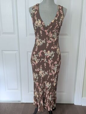 Lucy Brown Floral Maxi Dress with Pink and Cream Accents - Early 2000's